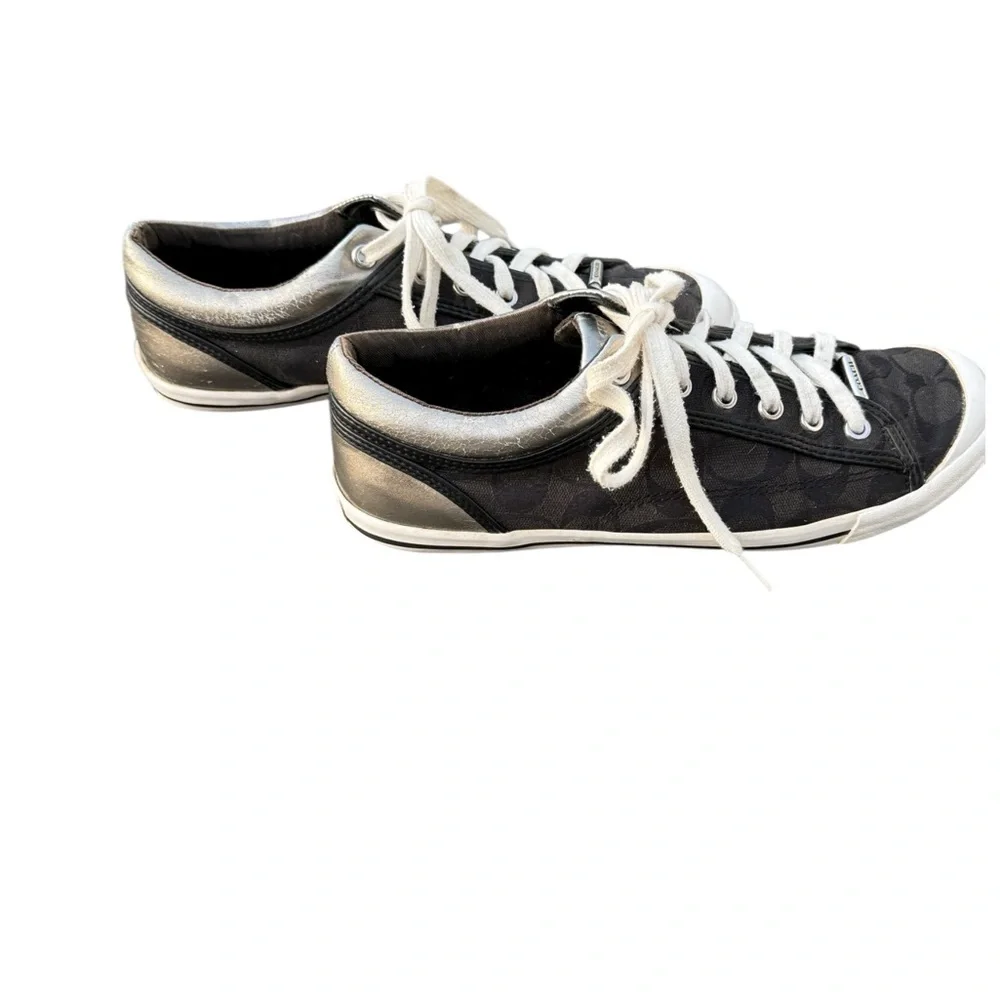 Coach Francesca lace-up sneakers in black metallic silver/pewter trim‎ 9.5